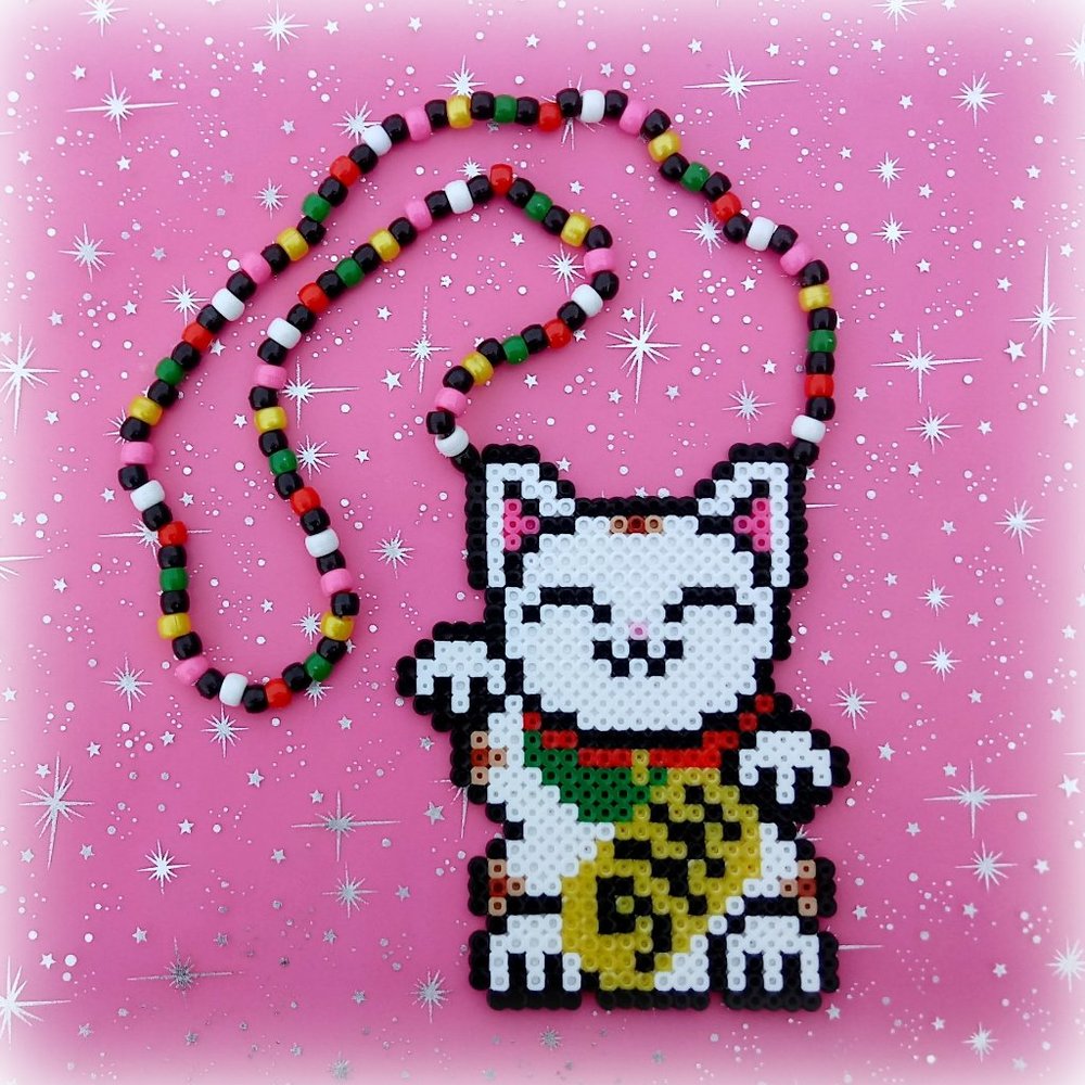 Maneki Neko Lucky Cat Kandi Perler Bead Necklace